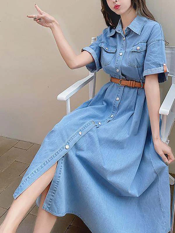 Distinct Instincts Button Front Flap Pocket Belted Denim Dress